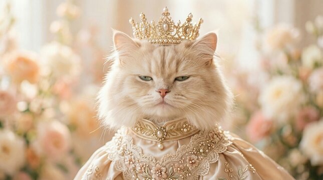 Regal Cream Persian Cat Wearing Gold Crown and Ornate Dress