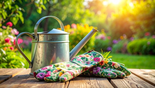 Watering can and garden gloves in floral pattern in sunlight on green garden background. 