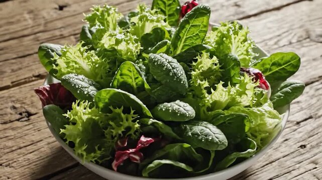 A vibrant bowl of fresh mixed green salad sits on a rustic wooden table.