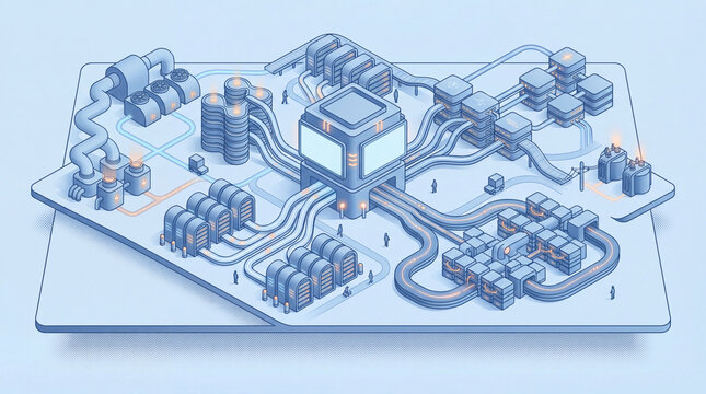 AI Computing Cluster Operations Ecosystem, Isometric High-Performance Compute Campus with Scheduling, Cooling and Data Flow Routes.