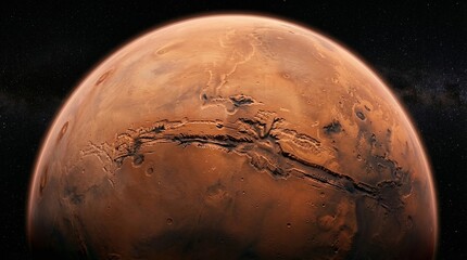 Mars Surface with Detailed Craters and Canals in Deep Space Background