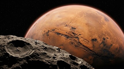 Red Planet Mars Rising Behind Grey Asteroid in the Black Universe 
