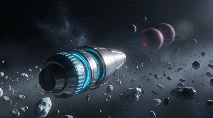 Futuristic Spacecraft Navigating Asteroid Field Near Alien Planets 