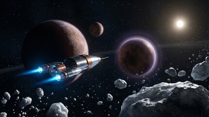 A Futuristic Spacecraft Exploring the Cosmos with Exoplanets and Asteroids in Distant Galaxy