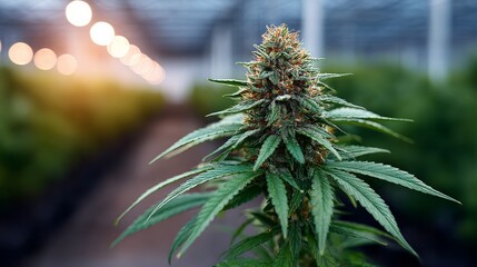 Naklejka premium Cannabis plant with dense buds and green leaves growing in a greenhouse, illuminated by soft lighting, rows of plants visible in the background