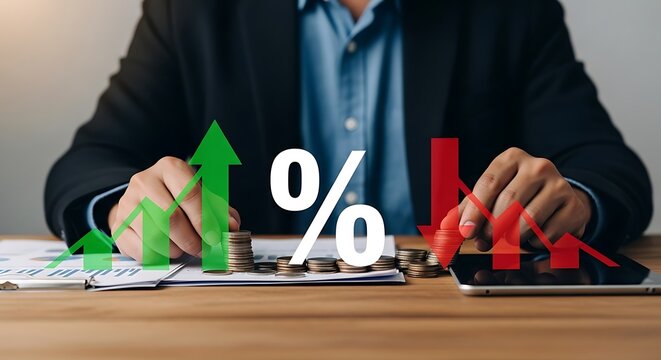 Business professional analyzing financial data on a tablet in relation to decreasing and increasing percentage rates and stacked coins on a wooden desk.