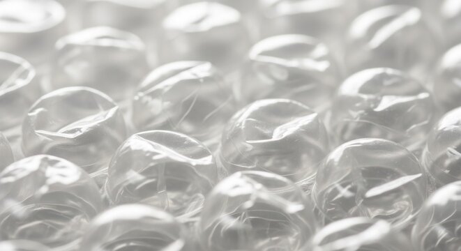 A high-angle close-up of clear plastic bubble wrap with soft lighting.
