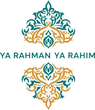Islamic calligraphy Ya Rahman Ya Rahim with ornate arabesque floral pattern in teal and gold