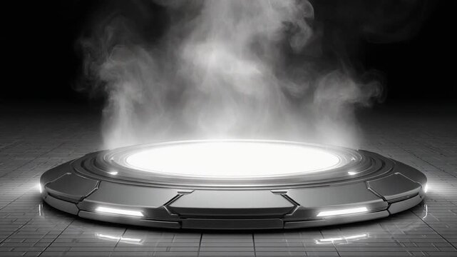 Futuristic platform, glowing light and steam. A sleek metallic disc with illuminated accents