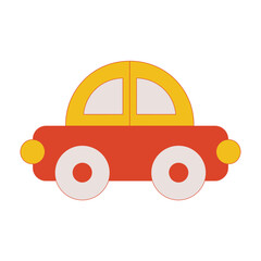 Bright and playful cartoon car with yellow roof and red body featuring large round wheels and a minimalist design isolated on a clean white background