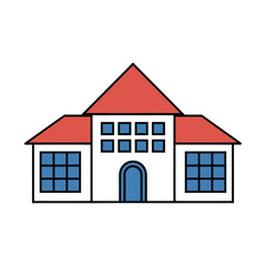 Modern house with red roof and blue windows featuring symmetrical design and minimalist style