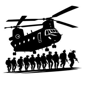 Soldiers disembarking from military helicopter