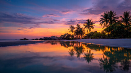 Tranquil beach with palm trees reflects a vibrant sunset on the still water