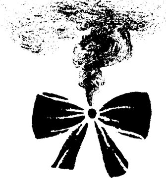 High contrast black and white ink illustration of bow with smoke swirl design