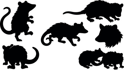 Naklejka premium Silhouette vector set of opossum poses walking climbing resting curled tail head profile side view flat style black isolated collection