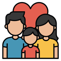 Happy family of four with a child and parents standing together under a large red heart symbol conveying unity love and togetherness with warm colors