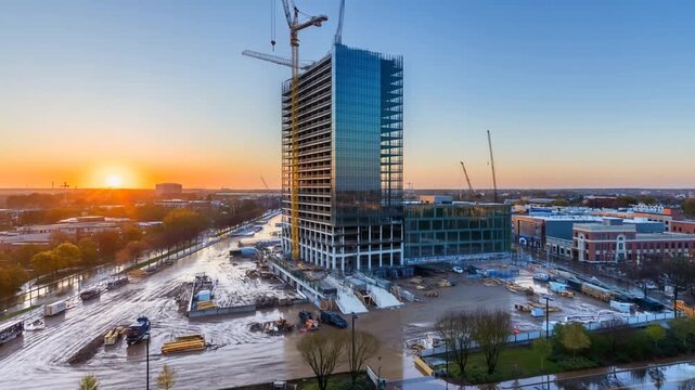 Timelapse of urban skyline emerging as construction advances from fog to sunset