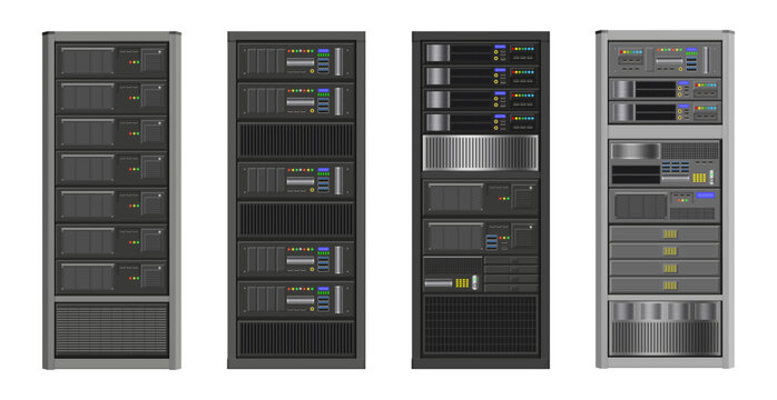Server racks set with indicator lights. Vector blade enclosures with power buttons and USB ports. Data center equipment front panels with control elements, ventilation grids and connection interfaces