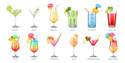 Fototapeta premium Alcoholic cocktails in glasses with ices and fruits, straws and umbrellas. Vector margarita and martini, pinacolada and mojito, blue lagoon and bloody mary, mai tai and rainbow, bellini and daiquiri