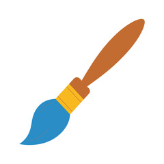Paintbrush with blue paint and wooden handle resting on a clean white background artistic tool for creativity and design