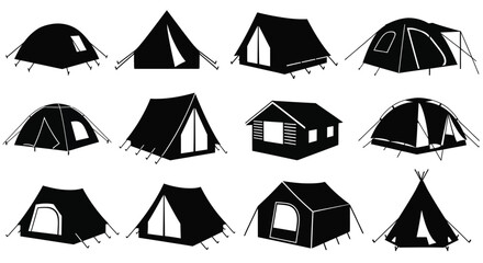 Various tent designs in a black and white graphic silhouette © momotaj