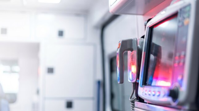 Patient monitor and defibrillator paddles displaying illuminated red and blue light within an ambulance interior
