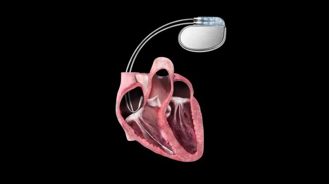 Postoperative Cardiac Pacemaker Placement with Detailed Heart Cross Section and Transvenous Leads Visualization 3d