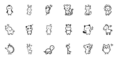 Obraz premium Cute Animal Line Icon Set In Doodle Style. Adorable Wildlife Characters With Heart Motifs Outline Sketch Collection. Hand Drawn Isolated Vector Illustration