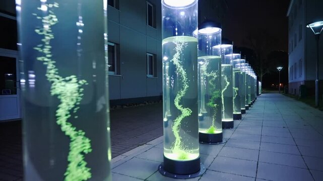 Glowing green tubes stand in a row on a sidewalk at night