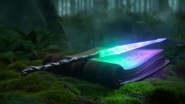 Enchanted woodland: glowing sword and ancient tome amidst mystical light