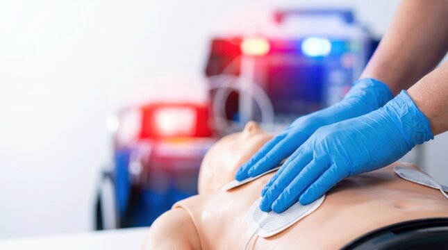 Hands in blue medical gloves apply defibrillator pads to a CPR training manikin Blurred emergency lights glow behind it