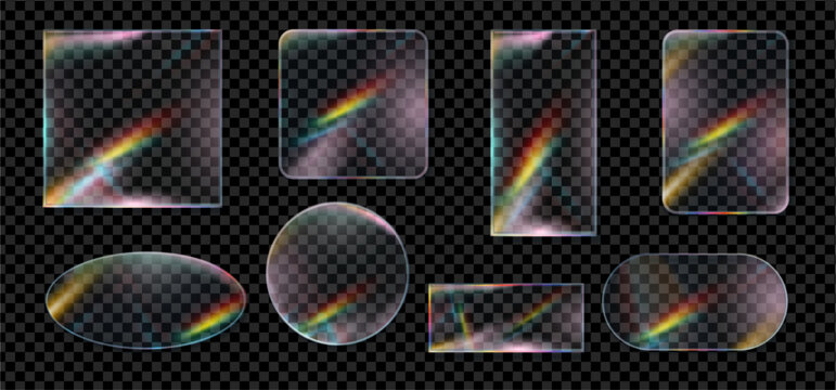 Glass composition set. Vector isolated oval, ellipsoid and square, circular and rectangular forms. Transparent geometric objects with flare and reflection. Futuristic design and branding