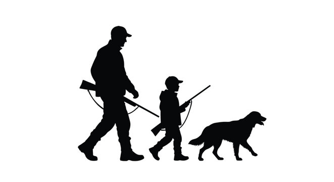 Father son and dog walking with rifles a striking silhouette