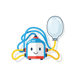 Fototapeta premium Cute cartoon robot inflating a balloon with a happy face, blue and yellow wires