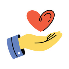 Hand reaching out to hold a bright red heart symbolizing love care and affection in a minimalist style