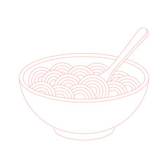 A simple white bowl filled with neatly arranged noodles and a spoon resting on top isolated on a plain white background symbolizing minimalism and simplicity