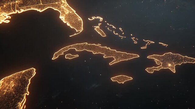 Glowing map depicting Caribbean and North American coastlines, emphasizing city lights at night