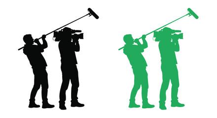 Camera operator with microphone shown in black and green silhouette © momotaj