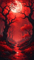 Fototapeta premium Red-toned forest landscape with a large moon illuminating a narrow path