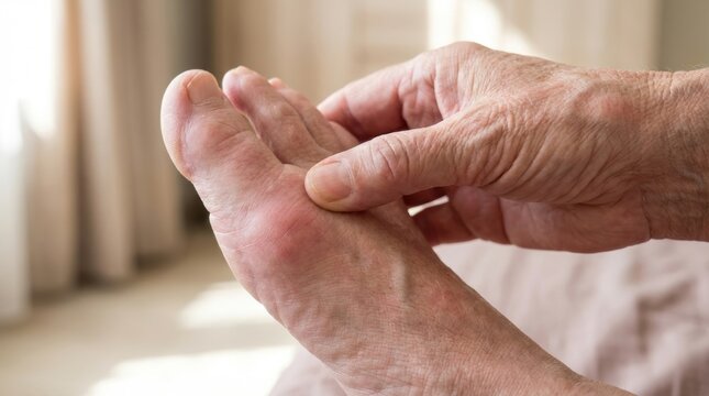 Close up of an elderly person's hands gently touching their foot showing a painful bunion or swelling on the joint