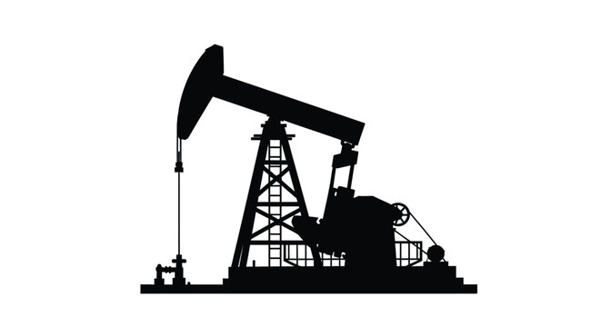 Black silhouette of an oil pump jack against a white background silhouette