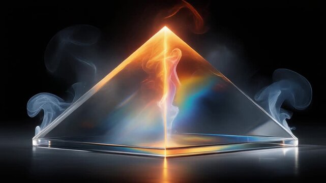 A geometric glass pyramid with flames and smoke effects against a dark gradient backdrop