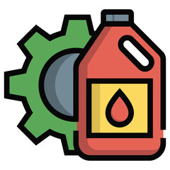 Red and yellow lubricant bottle with gear symbol representing mechanics and automotive maintenance