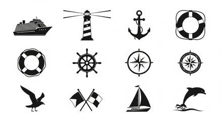 Collection of nautical themed illustrations featuring various maritime symbols and elements. © Kanafi