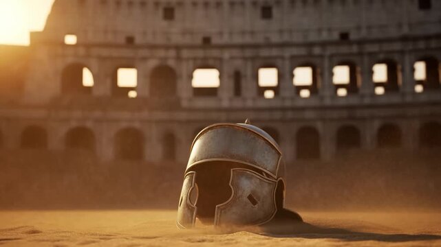 Ancient gladiator helmet at sunrise in colosseum ruins