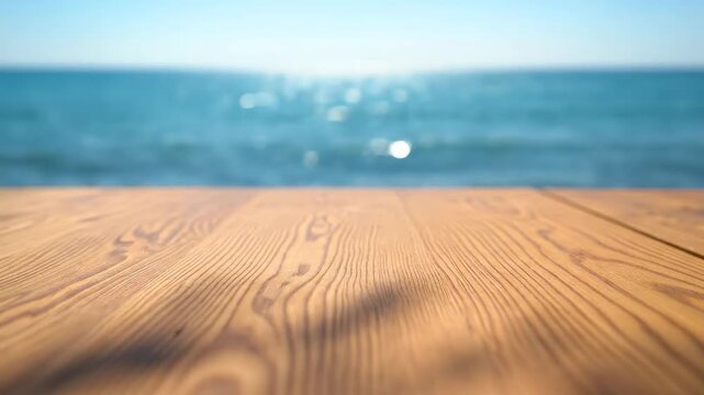 Empty wooden table top with a blurred sea background for product placement. Summer vacation concept for display montage with beautiful bokeh and sunlight on the water
