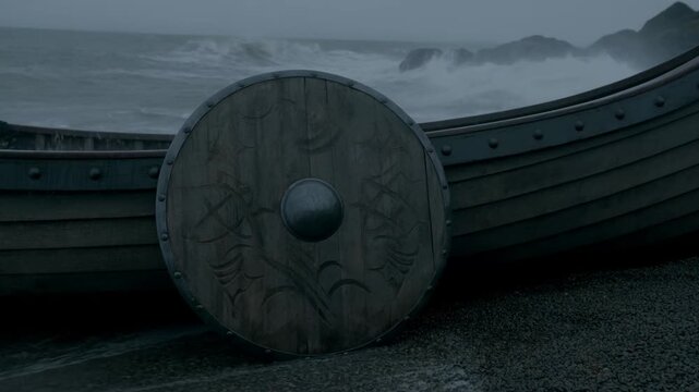 Dramatic viking longship on rocky shore with crashing waves