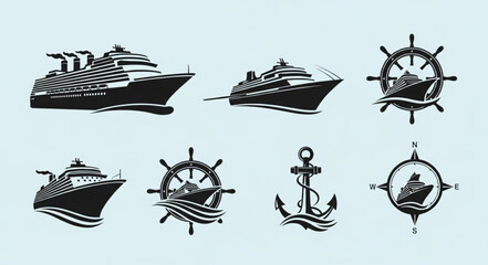 Collection of nautical themed vector illustrations featuring ships, anchors, and steering wheels. © Kanafi