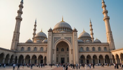 Fototapeta premium Crowd gathers at stunning mosque with intricate architecture and domes