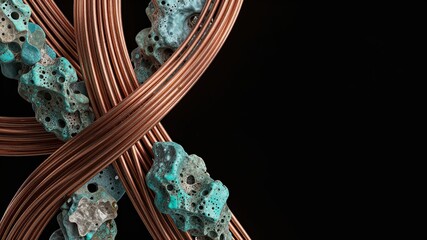 Obraz premium Abstract image featuring an artistic arrangement of intertwined copper wires and rough turquoise stones